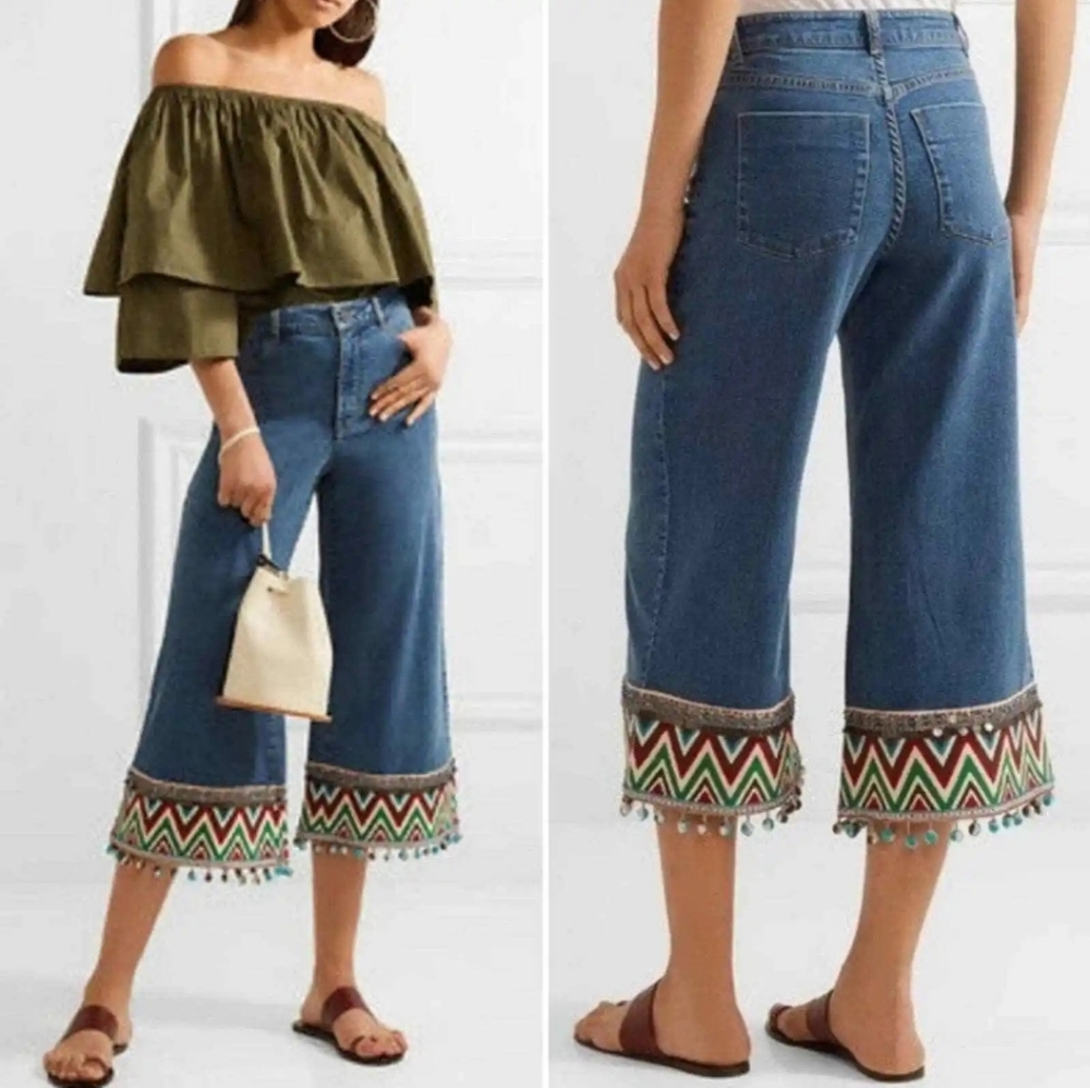 Alice + Olivia Jeans 29 Beta High Waist Cropped Wide Leg High Rise Pom Embroider